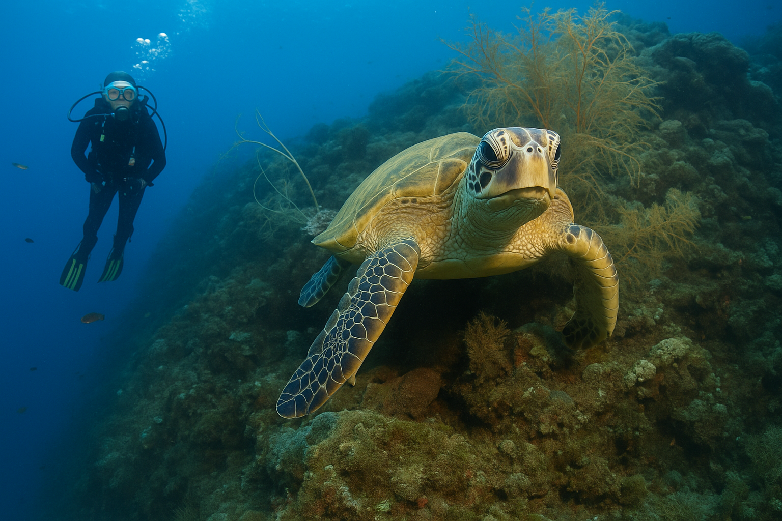 scuba diver with turtle Preserving historic shipwreck sites